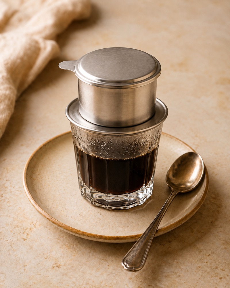 A phin filter on a glass of black coffee, on a saucer with a spoon